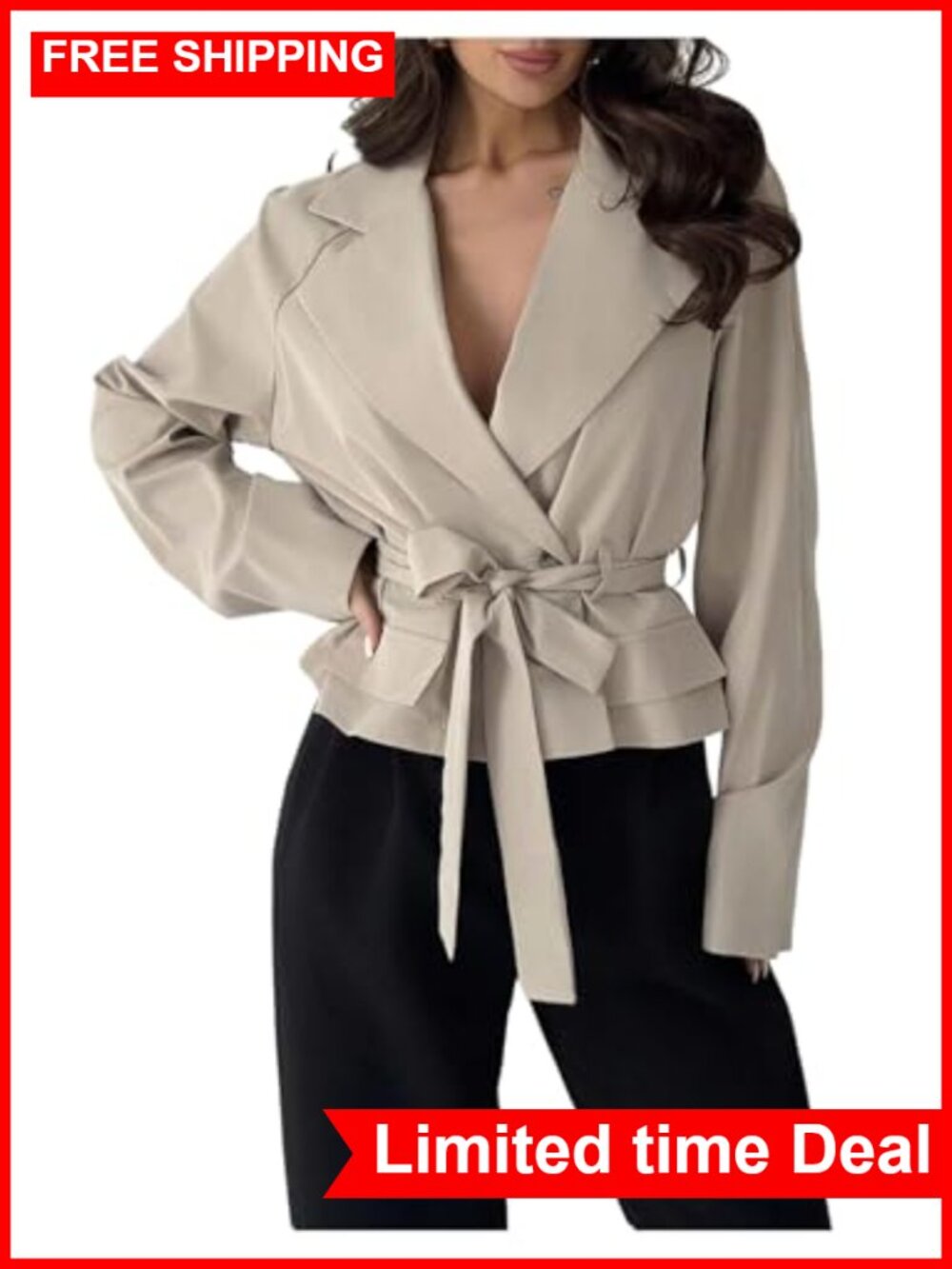 Verdusa Women's Tie Belt Double Breasted Trench Coat Long Sleeve Fall Outerwear
